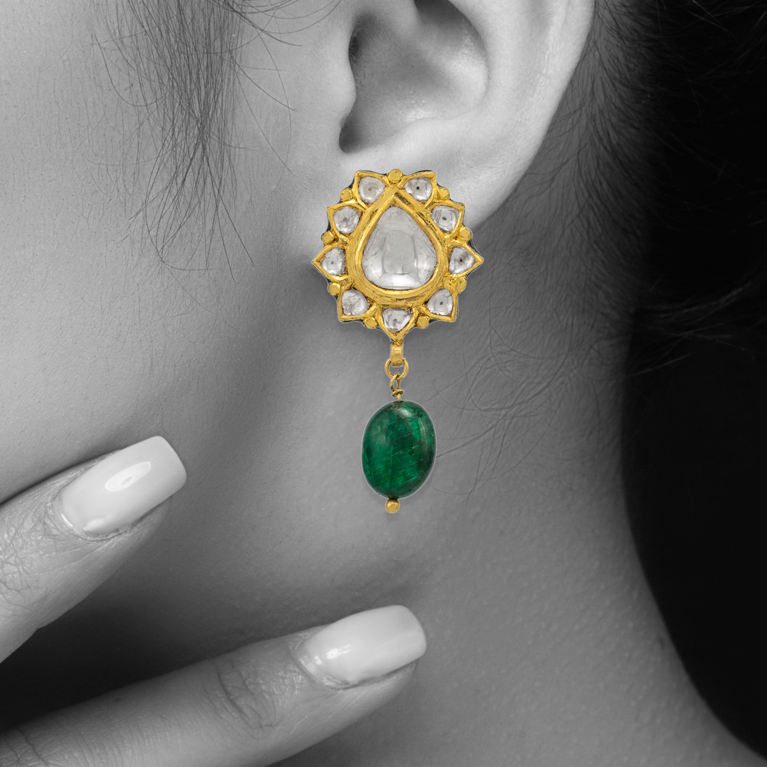 Lotus-Bud Inspired Polki Earrings with Emerald Drops